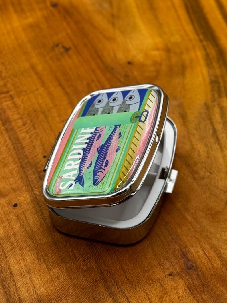 Funny Pill Case Pocket Size – Sardine Tin & Vintage Label Designs – Portable Medicine Organizer – Cute Gift Idea 3