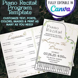 Peut inclure: Un modèle de programme de récital de piano avec texte, polices, couleurs et images personnalisables. Le design présente un graphique de piano et le texte "Keys in the Breeze" avec les détails de l'événement. Entièrement modifiable dans Canva.