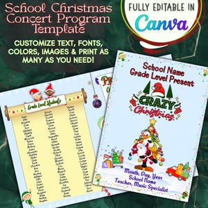May include: A Christmas concert program template with a festive design. The program features customizable text, fonts, and colors. The design includes a list of student names and a "Crazy Christmas" graphic with Santa Claus and a Christmas tree.