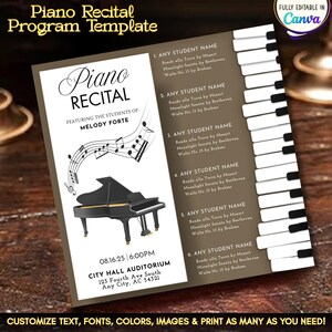 May include: A piano recital program template with a black grand piano illustration, musical notes, and a piano keyboard graphic. The program features student names and performance details, including the date, time, and venue: City Hall Auditorium.