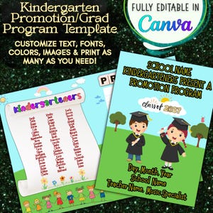 May include: A template for a kindergarten promotion program, featuring customizable text, fonts, and colors. The design includes a list of names and illustrations of graduating children. The text says "Kindergarteners Present a Promotion Program".