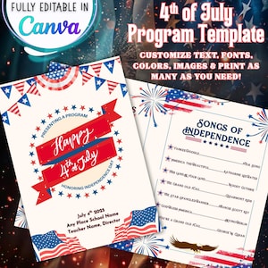 Puede incluir: Una plantilla de programa del 4 de julio con diseños patrióticos en rojo, blanco y azul. La plantilla incluye el texto "Happy 4th of July" y "Songs of Independence". Totalmente editable en Canva.