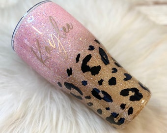 Pink and gold leopard print tumbler