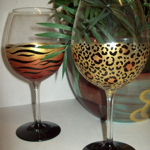 Painted Animal Print Wine Glasses Etsy