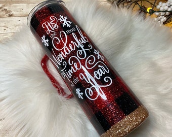 Personalized Buffalo Plaid glitter tumbler / 30 ounce with Handel / Starbucks Inspired tumbler