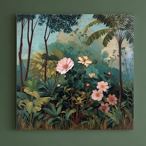 Henri Rousseau-Style Jungle Painting – Tropical Plants & Pink Wildflowers Wall Art, Lush Green Foliage Canvas or Poster Home Decor