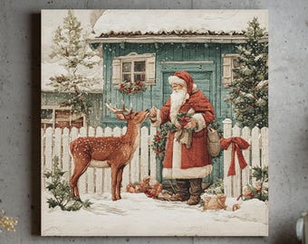 Rustic Christmas Santa & Reindeer Canvas Art: Farmhouse Holiday Decor