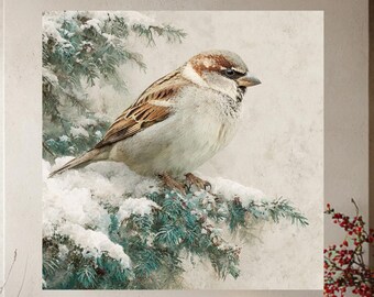 May include: A framed canvas print of a sparrow perched on a snow-covered evergreen branch. The bird has brown, white, and gray feathers. The artwork is displayed above a wooden mantel with candles and pinecones, creating a cozy, wintery scene.