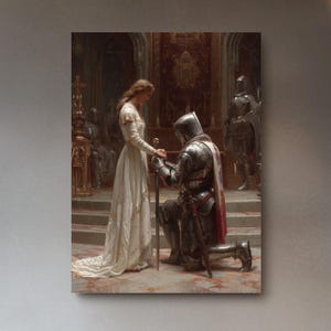 Medieval Lady & Knight Art – White Gown Woman with Sword, Throne Room Scene, Henry Scott Tuke Style Fantasy Canvas Wall Decor