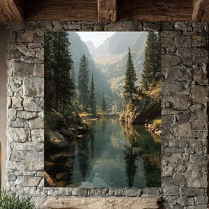 May include: A cozy living room with a stone fireplace and a large landscape painting. The room features dark gray sofas, a wooden coffee table, and a patterned rug. The fireplace has a lit fire, and the room is illuminated by warm lighting.