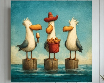 Funny Seagulls Art Print – Whimsical Beach Birds Coastal Wall Decor