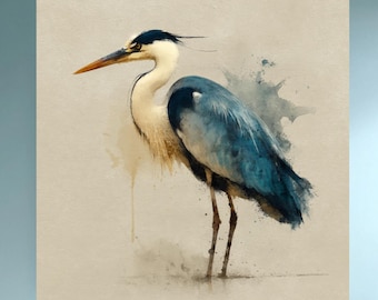 Lámina de acuarela de garza azul, arte minimalista costero de aves