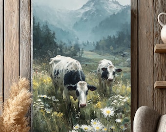 Cows Grazing Meadow Oil Painting Landscape: Farmhouse Wall Art