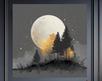 May include: A large square canvas art print depicts a full moon over a silhouetted forest. The moon is a creamy white with gold accents, and the trees are black. The background is a dark gray with gold stars.