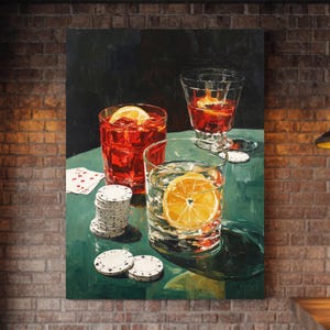 Arte mural de bar, arte mural de juegos de cartas y cócteles, arte mural de bar, fichas y cartas, arte mural de lienzo/póster de cócteles