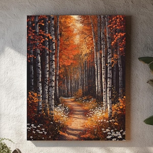 Herbst Birkenwald Wandbild - Verschlungene Pfade, Herbstlaub & Blumen | Stimmungsvolles Herbstposter/Leinwand/gerahmt Saisonales Natur Landschaftsbild