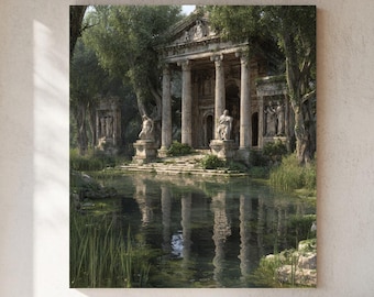 Gérôme Style Roman Temple Print: Greek Statues, Forest Ruins