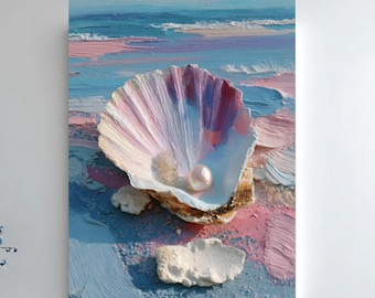 Pintura al óleo de perlas de ostra: Arte mural costero en tonos pastel