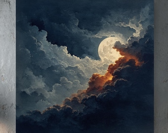 Canvas Aquarel maanverlichte lucht – Kunst dromerige hemelse nacht