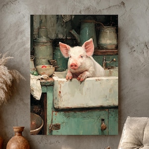 Cute Piglet in Rustic Kitchen Airbrush Painting | Poster, Canvas Roll, Canvas Wrap, Framed Canvas Farm Animal Wall Art
