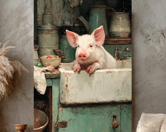 Pintura con aerógrafo de un cerdito de cocina rústica: Arte mural de animales de granja