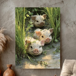 Three Little Pigs Muddy Oil Painting Farm Animal Art | Poster, Canvas Roll, Canvas Wrap, Framed Canvas Country Wall Decor