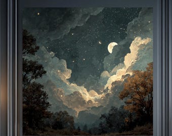Puede incluir: Una gran obra de arte enmarcada que representa un cielo nocturno con una luna creciente y estrellas cuelga sobre un sofá de terciopelo azul marino. La habitación presenta una combinación de colores azul oscuro, con detalles dorados y una alfombra estampada.