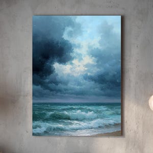 Stormy Ocean Oil Painting – Dark Clouds & Crashing Waves on Empty Beach in Ivan Aivazovsky Style – Dramatic Seascape Wall Art