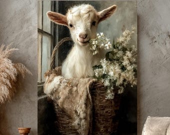 Puede incluir: Una impresión en lienzo enmarcada representa una cabra blanca en una cesta de mimbre, rodeada de flores blancas. La escena se desarrolla en un salón rústico y acogedor con una mesa de centro de madera, un sillón y jarrones decorativos.