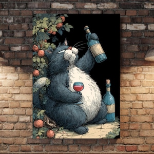 May include: A whimsical illustration of a cat enjoying wine. The cat, with blue-gray fur and a white belly, holds a wine glass and a bottle. The background features a brick wall, a bar, and two stools, creating a cozy, inviting atmosphere.
