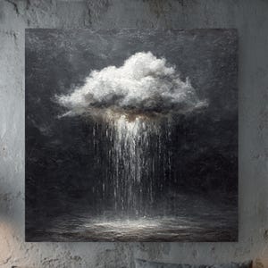 Minimalist Rain Cloud Oil Painting – Monochrome Storm Art on Canvas, Dark Background Wall Decor, Moody Centered Cloud Print