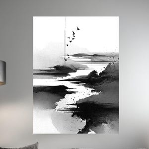 Minimalist Black and White Ink Painting | Abstract Line Art in Wu Guanzhong Style | Modern Asian Wall Art Print