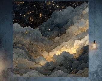 May include: Large wall art featuring a celestial cloudscape with a dark night sky filled with golden stars. The artwork has a textured appearance with shades of gray, white, and gold, creating a dreamy atmosphere. The art is displayed above a gray sectional sofa.