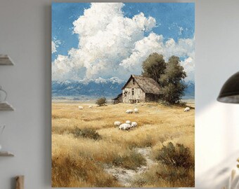 Könnte beinhalten: Ein gerahmtes Landschaftsgemälde zeigt eine ländliche Szene mit einer verwitterten Scheune, Schafen, die auf einem goldenen Feld grasen, und einer großen, flauschigen weißen Wolke vor blauem Himmel. Das Kunstwerk weckt ein Gefühl von Ruhe und ländlicher Schönheit.