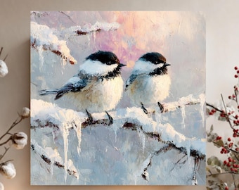 Chickadee Winter Impressionist Painting: Snowy Branch Wall Art