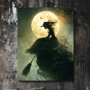 Decorazione murale di Halloween con strega - Scena surreale con scopa e luna piena in stile Beksiński & Bachelier, poster fantasy dark o stampa su tela