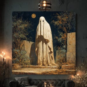 Haunted Cemetery Ghost Wall Art | Spooky Halloween Poster, Canvas Roll, Canvas Wrap, Framed Canvas Gothic Home Decor