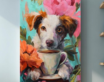 Dog Drinking Coffee Wall Art: Cecily Mary Barker Style, Vibrant Colors