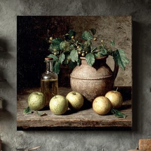 May include: A still life painting featuring a rustic earthenware jug with green foliage and berries, a clear glass bottle, and several green and yellow apples. The scene is set on a wooden surface, evoking a vintage kitchen aesthetic.