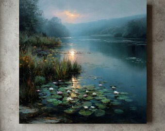 Sunset Lake Oil Painting: Water Lilies, Misty English Landscape Art