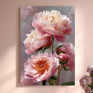 以下が含まれることがあります： 3つの大きなピンクの牡丹の花と黄色の中心部をクローズアップした、額入りのキャンバスプリント。絵画は柔らかくぼやけた背景を持ち、装飾的なクッションが付いたピンクのソファの上に表示されています。