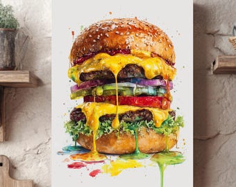 Pintura de acuarela de hamburguesa con queso – Lámina artística gastronómica, decoración de cocina
