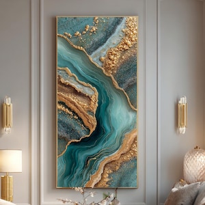 Abstrakte Geode Achat Kunst in Blaugrün und Gold – Gesteinsschichten Leinwand Dekor für stimmungsvolle Winter-Interieurs