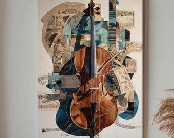 Dipinto surreale di violoncello ad olio: note musicali astratte su tela