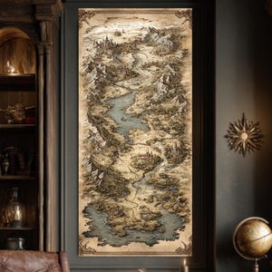 Hand-Drawn Fantasy World Map Wall Art | Antique Engraving Style Canvas | Medieval Cities, Castles & Landscapes Vintage Print