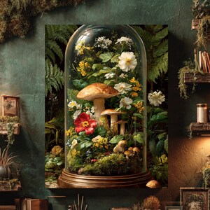 Vintage Mushroom Botanical Oil Painting: Forest Cloche Wall Art