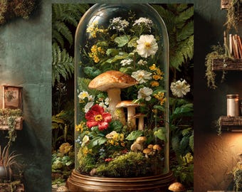 May include: A decorative glass cloche filled with mushrooms, flowers, and greenery, set against a backdrop of a rustic shelf with books and plants. The cloche is on a wooden shelf, surrounded by other decorative items.