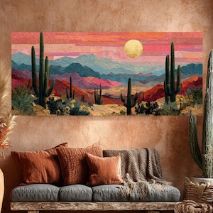 Impresión artística de pared del desierto de Arizona: papel texturizado, cactus con detalles dorados