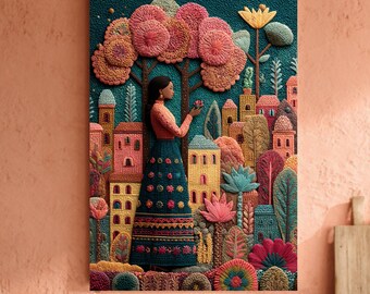 メキシコの民芸品キャンバス – 刺繍のドレスを着て花を摘む女性