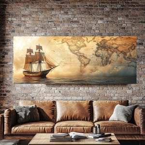 Barco clásico en el océano con mapa del mundo: arte mural náutico marítimo, lienzo de velero del Viejo Mundo, decoración de exploración y aventura
